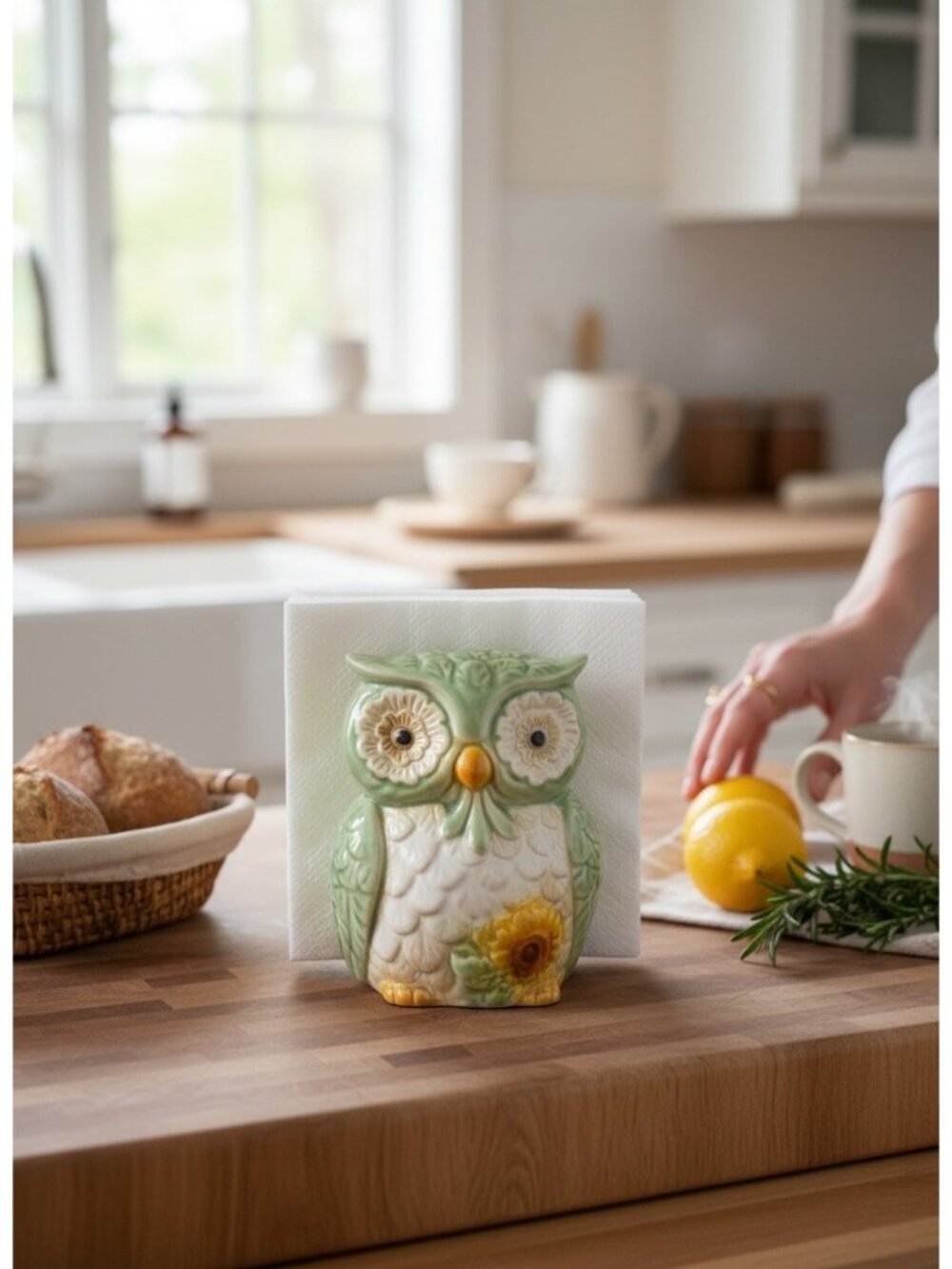 Vintage Ceramic Owl Napkin Holder With Sunflower Design